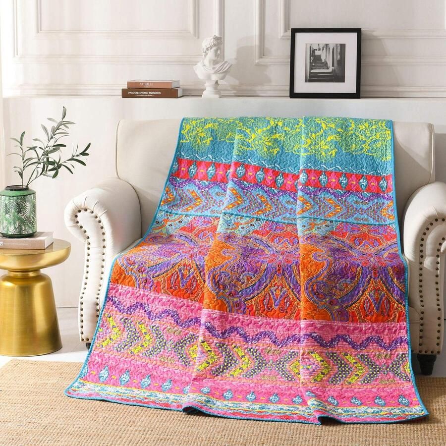 Qucover Bedsprei 150 x 200 cm Kleurrijke Gewatteerde Deken Gemaakt van Microvezel Bedsprei voor Eenpersoonsbed Sofa Deken Boho Indiaas Exotisch