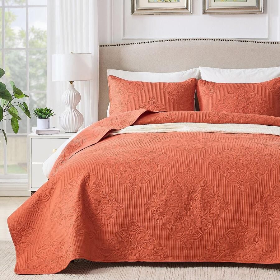 Qucover bedsprei 220x240 Oranje bedsprei met 2 kussenslopen 50x75cm polyester vintage patroon ultrasonisch genaaid woonkamer deken bankhoes plaid voor bed