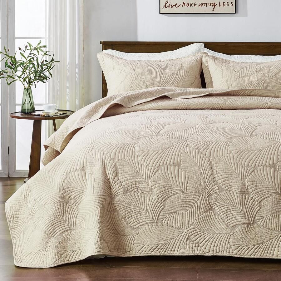 Qucover Bedsprei 240x260cm Beige 100% Katoenen Bedsprei Ultrazachte Bedsprei met Borduurwerk Bedspreien 220x240 Quilt met 2 Kussenslopen Sofa Deken voor Bed