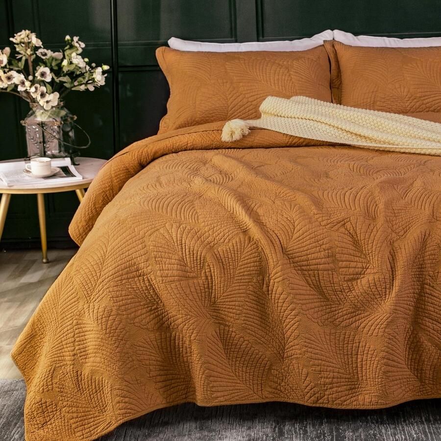 Qucover Bedsprei 240x260cm Oranje 100% Katoenen Bedsprei Ultrazachte Bedsprei met Borduurwerk Bedspreien 240x260 Quilt met 2 Kussenslopen Bankdeken voor Bed