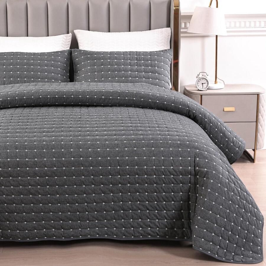 Boraboi Ultrazachte en Elegante Donkergrijze Sprei Set met Borduurwerk voor Slaapkamer en Bank 240x260 cm