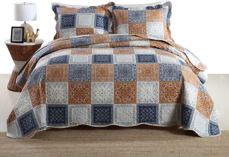 Qucover Patchwork Sprei bruin 240 x 260 cm voor tweepersoonsbed met 2 kussenslopen quilt zomerdeken licht van microvezel Boutis 3-delig elegant ruitpatroon