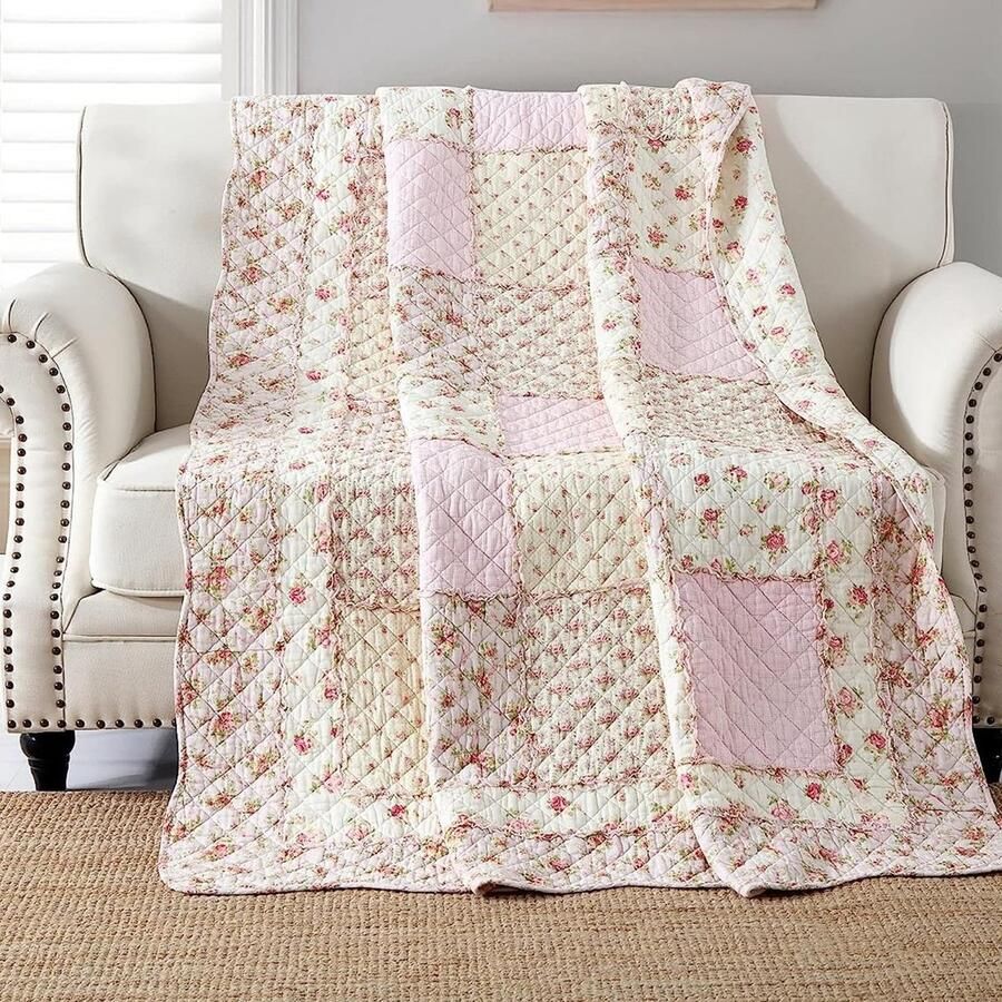 Boraboi Sfeervolle Roze Patchwork Sprei voor Eenpersoonsbed met Bloemenmotief 150 x 200 cm