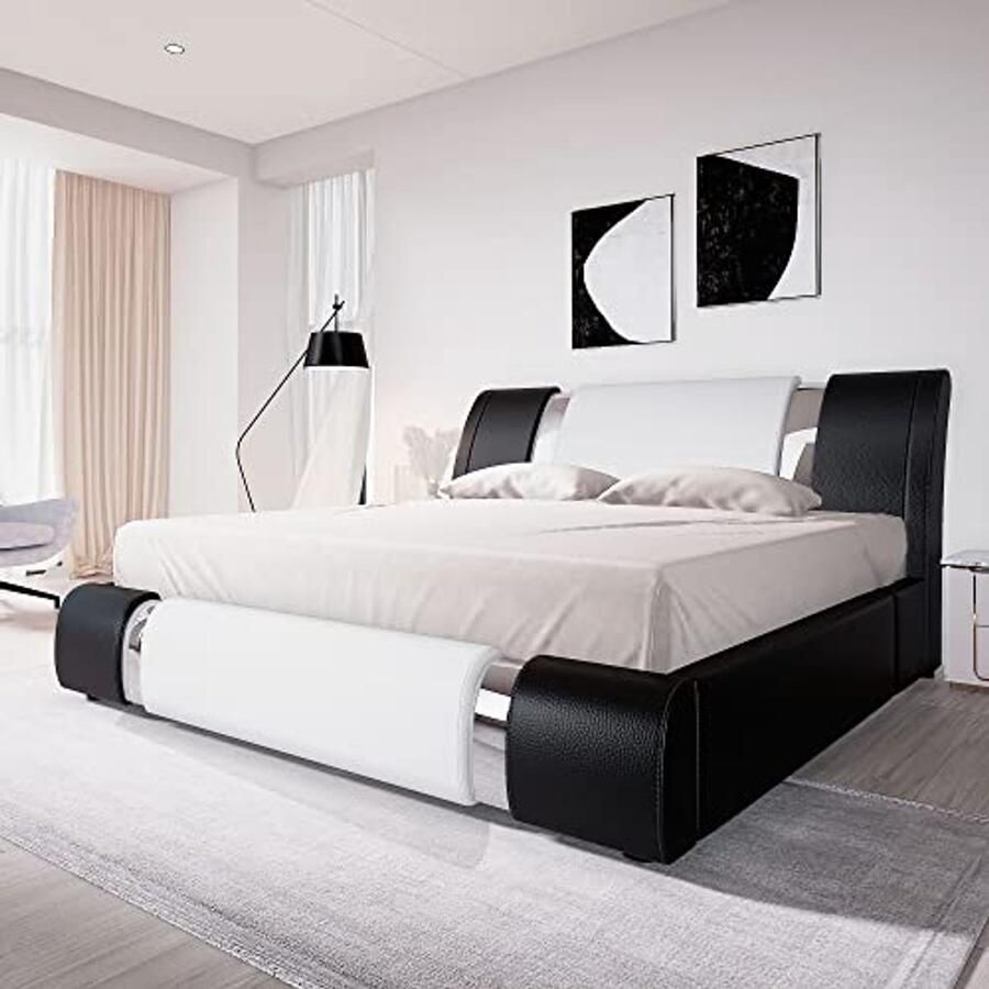Queensize bedframe met verstelbaar hoofdeinde en ijzeren decoratie kunstleren platformbed