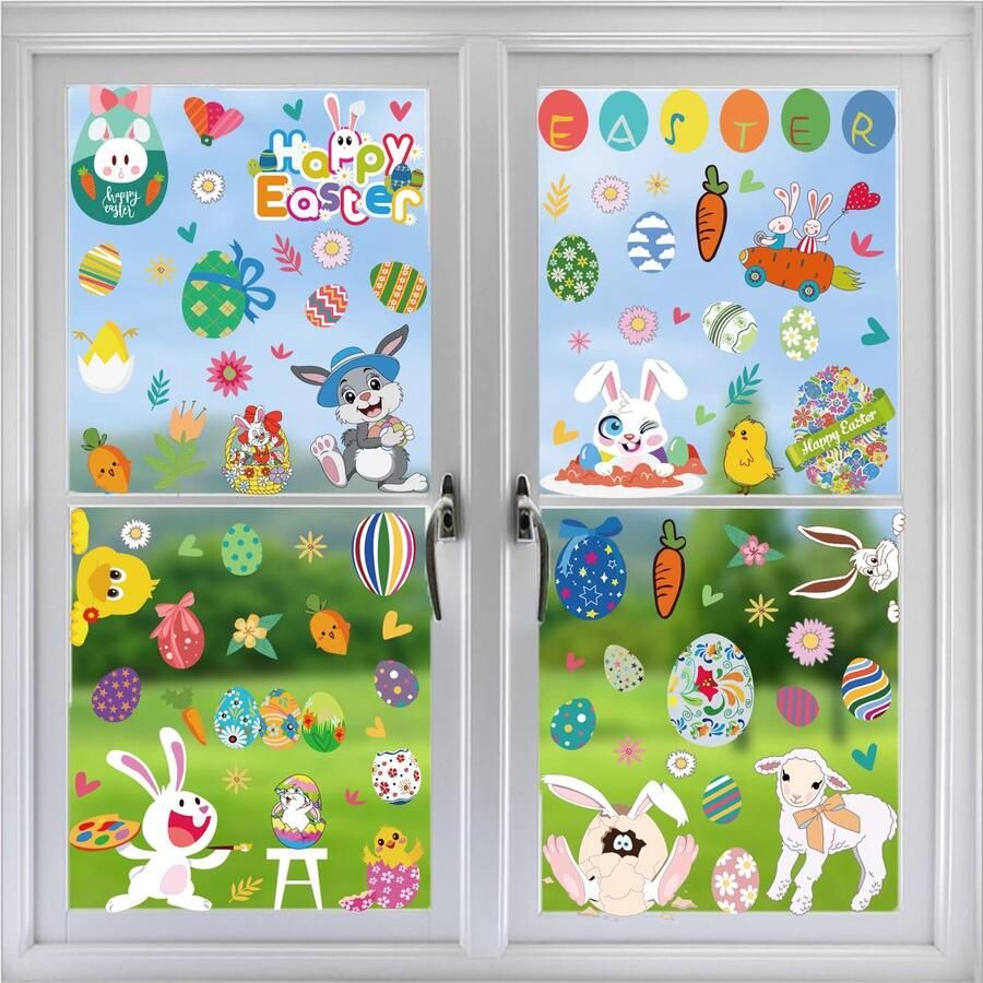 Raamdecoratie Paasfeest konijn paasei kleine dieren decoratie zelfklevend verwijderbaar raamdecoratie raamstickers statisch hechtend PVC stickers voor ramen vitrine deuren etalages