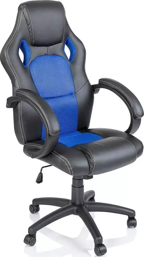 Merkloos Racing bureaustoel zwart blauw gevoerde armleuningen kantelmechanisme gasveer SGS getest - Foto 2