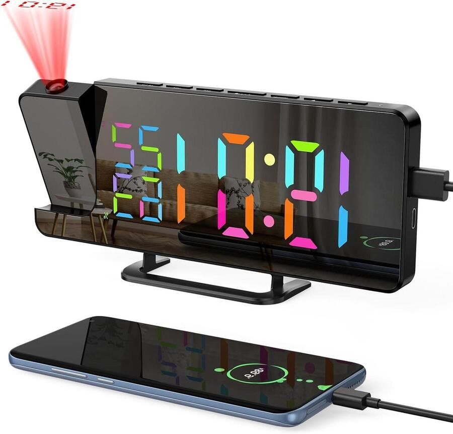 Radiowekker met 180 graden projectie FM wekker met dubbele wekker USB-projector Digitale wekker voor nachtkastje 12 24 uur 12 cm