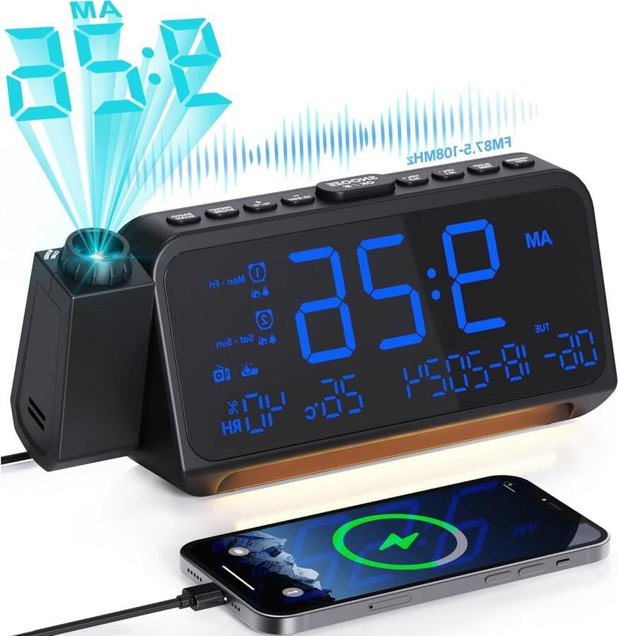 Radiowekker met projectie slaapkamerwekker met dubbele wekker USB-aansluiting weekdag weekend DST-dimmer temperatuur en datumweergave digitale wekker nachtkastje