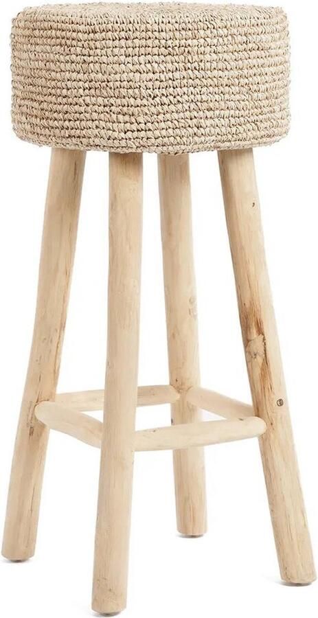 Rootz Living Rootz Raffia Barkruk Teakhouten Tak Zitting Handgeweven Raffia Stoel Duurzaam Comfort 35cm x 35cm x 75cm