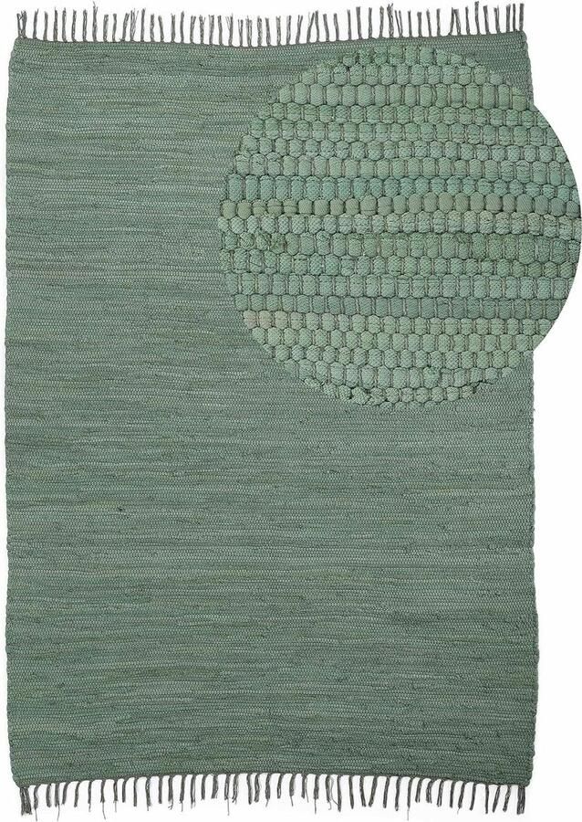 Rag Rug Effen Groen 90 x 160 cm Handgeweven Katoenen Vlekkenkleed voor Woonkamer met Franjes