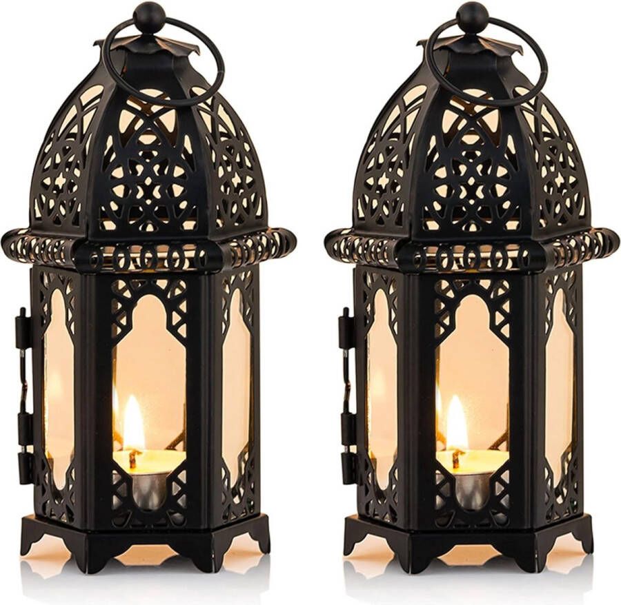 Ramadan 2 stuks metalen theelicht kaars houders kleine formaat bruiloft centerstukken transparant glas theelicht lantaarnhouders hangende lantaarns creatieve bruiloft thuis tafel kerstversiering zwart