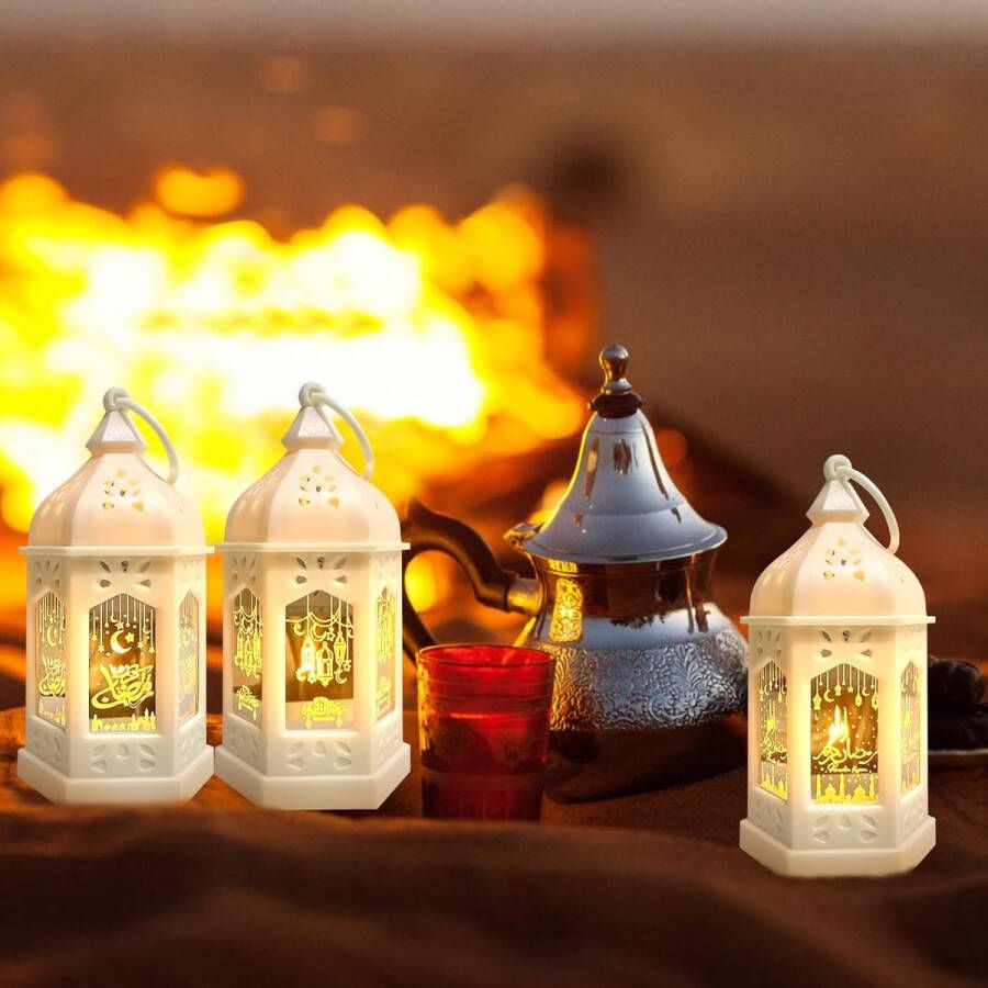 Ramadan Decoratie Lantaarn Set van 6 Ramadan Kareem Decoratie Lantaarns met Warm Wit LED-licht Eid Mubarak Decoratie Maan Ster Lantaarn Hangende Ramadan Decoratieve Lamp voor het Muslim Festival