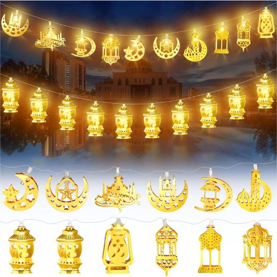 Ramadan Eid String Light 2 Stuks Batterij Werkt Maan Ster Lantaarn Lamp Mubarak Lichten Decoratieve Indoor Decoraties voor Kamer Outdoor Decoratie Elk 6 56 Voet 10 LEDs