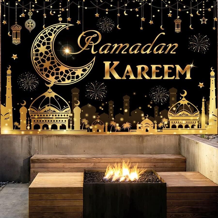 Ramadan Kareem Mubarak banner decoratie zwart goud extra grote stof Eid Mubarak achtergrond banner Eid Ramadan poster voor muur tuin tafel islamitisch