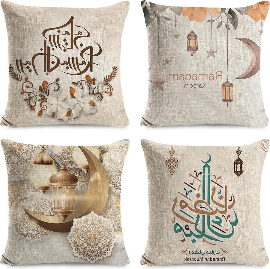 Ramadan-kussenslopen 4 stuks 50 x 50 cm decoratieve kussenhoezen linnen sierkussens voor Eid Mubarak bank woonkamer