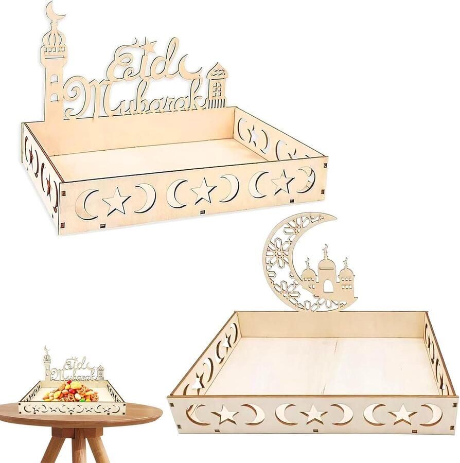 Ramadan Plates Decoratie Houten Dienblad met Maan en Ster Ontwerp voor Dessert Snacks en Ramadan Tafel Decoratie Decoratieve Eid Mubarak Dienbladen
