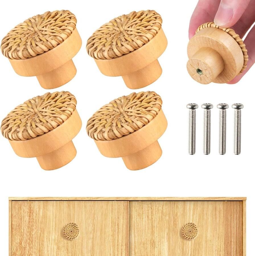 Rattan Furniture Knobs 4 Pcs Houten Deurtjes Ladehandgrepen Kastenknoppen voor Kasten en Ladekasten