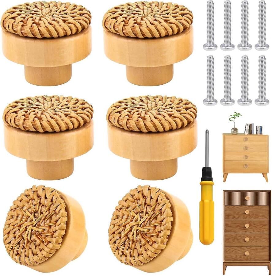 Rattan Furniture Knobs 6 Pieces Wooden Chest of Drawers Cabinet Handles Wood Natural Cabinet Knobs Wooden Knobs Cupboard Knobs for Children's Room with Screws and Accessories
