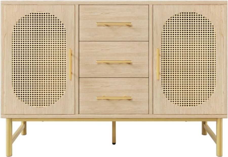 Rattan Ladekast 120x40x74cm Sideboard Natuur Met 3 Lades En 2 Rattan Deuren Inclusief Verstelbare Planken Kipbeveiliging Voor Slaapkamer En Woonkamer