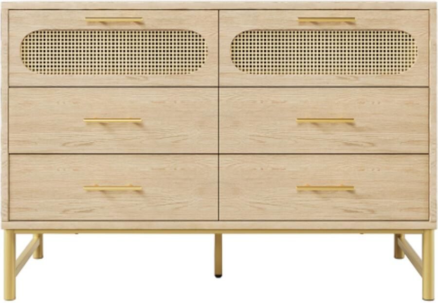 Rattan Ladekast 120x40x74cm Sideboard Natuur Met 6 Lades Inclusief Kipbeveiliging Voor Woonkamer En Slaapkamer