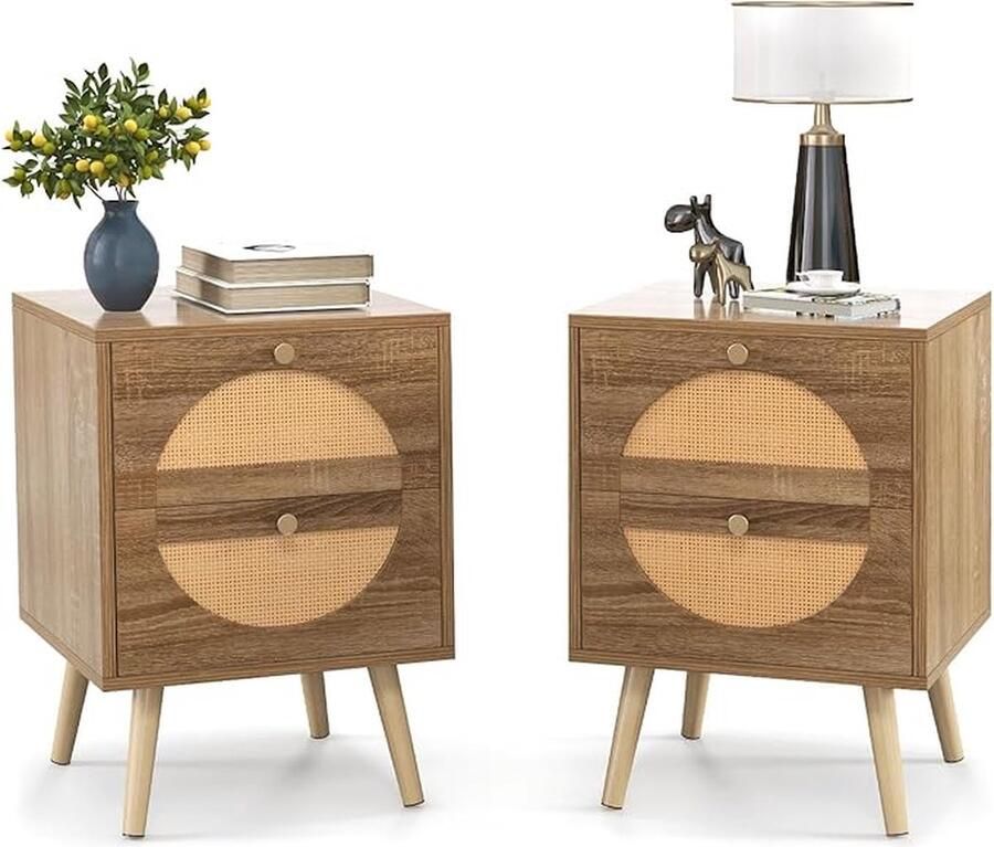 Rattan Nachtkastje Set van 2 Nachtkastje met 2 Laden Bijzettafel met Poten Gemaakt van Massief Hout Salontafel Boho Stijl Nachtkastje voor Slaapkamer Woonkamer 40 x 40 x 56 cm