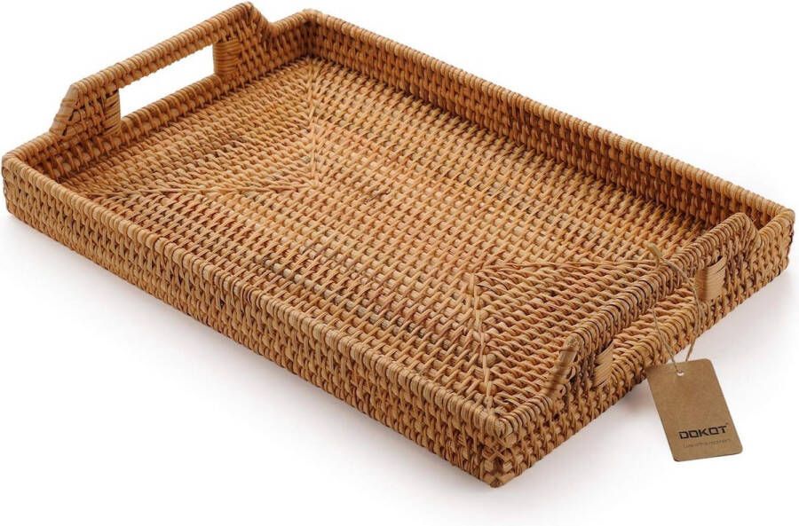 Rattan Rectangular Tray with Handles for Breakfast Drinks Snack For Coffee Table (Natural 37x26x3.5cm)