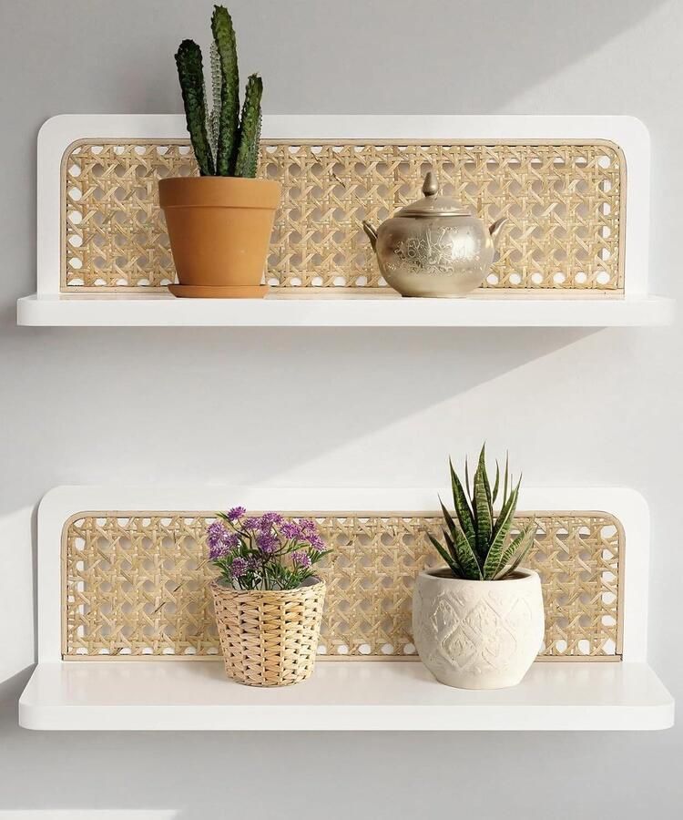 Rattan Wandplank Wit Boho 2 Set Rustieke Moderne Wanddecoratie van Hout voor Woonkamer Kinderkamer en Slaapkamer