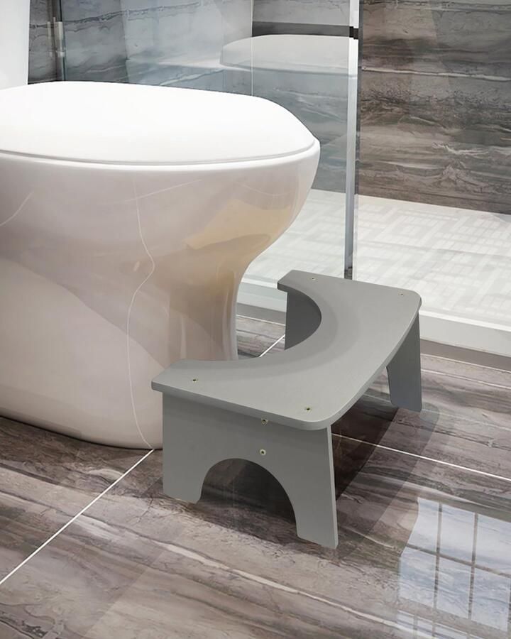 RayLove Bamboe Fysiologische Toiletkruk Houten Toiletopstapje 35 Graden Duurzame C-vormige Kruk (Grijs)