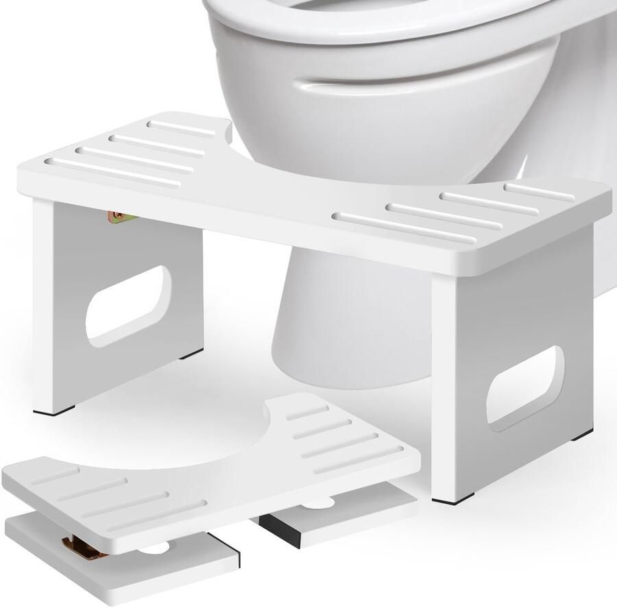 RayLove Toiletkruk Bamboe Voetenbankje met Antislip Pads Ruimtebesparend Opvouwbaar 35 Graden Duurzame C-vormige Kruk (Lichtwit)