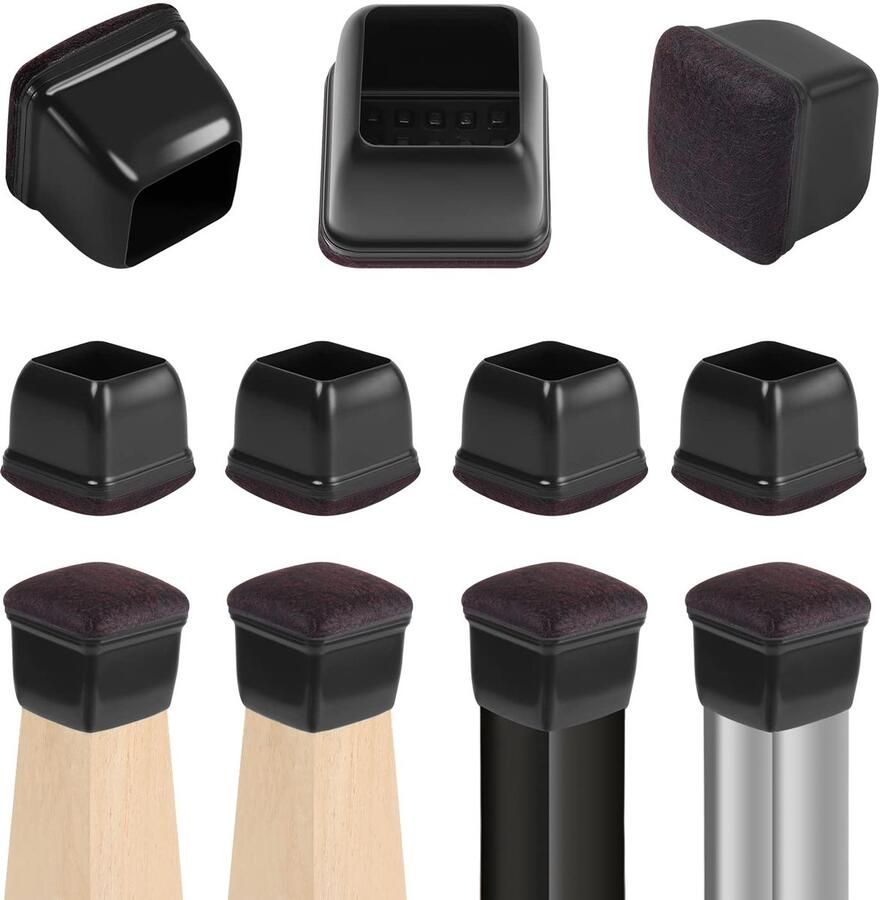 RCHYFEED 24 stuks stoelpootdoppen met vilt zwarte siliconen 19-28 mm elastische beschermdoppen voor stoelpoten stil en krasbestendig stoelpootbeschermers met vilt viltglijders voor stoelen (vierkant 1'')