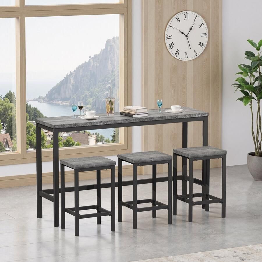 Re-purelife 148CM Moderne Eettafel Set met 3 Krukken – Stevige Keukentafel Bartafel Hoge Tafel – Compact & Stijlvol – Ideaal voor Kleine Ruimtes Barhoek of Bij het Raam – Eenvoudige Montage – Hoogwaardige Kwaliteit – Grijs