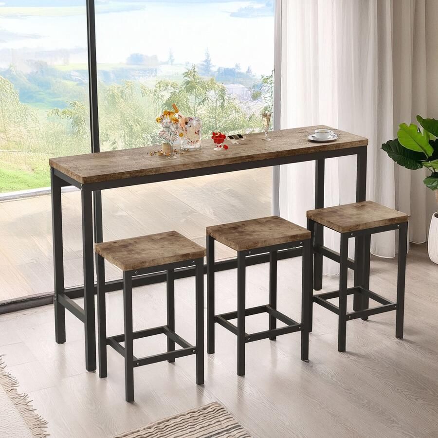 Re-purelife 148CM Moderne Eettafel Set met 3 Krukken – Stevige Keukentafel Bartafel Hoge Tafel – Compact & Stijlvol – Ideaal voor Kleine Ruimtes Barhoek of Bij het Raam – Eenvoudige Montage – Hoogwaardige Kwaliteit – Natuurkleur