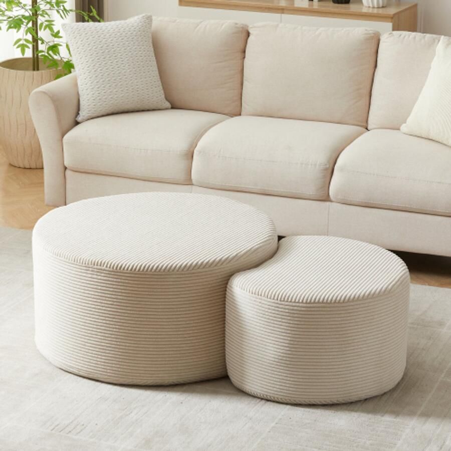 Re-purelife 2-Delig Ronde Salontafel & Bijzettafel Set Ø81 cm & 61 cm Zachte Gepolsterde Poufs Ottomane Bankjes Geen Montage Nodig Beige