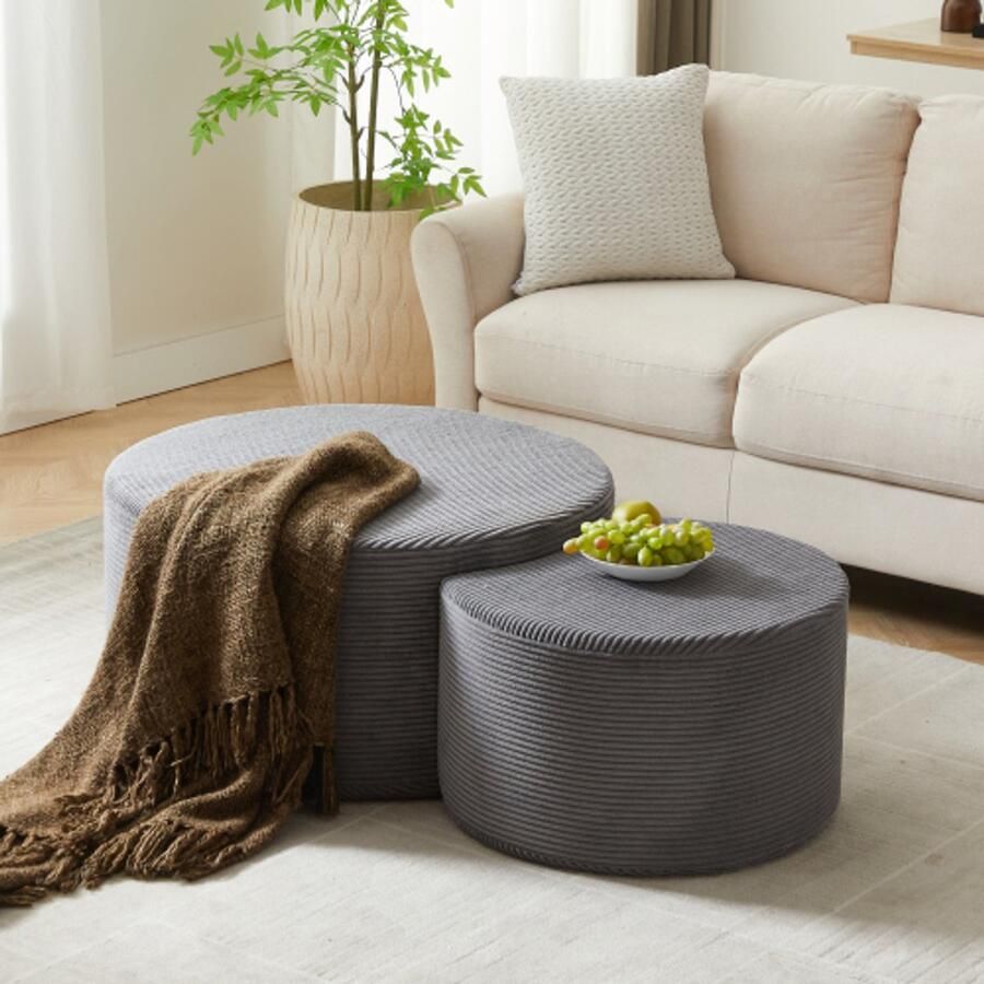 Re-purelife 2-Delig Ronde Salontafel & Bijzettafel Set Ø81 cm & 61 cm Zachte Gepolsterde Poufs Ottomane Bankjes Geen Montage Nodig Grijs