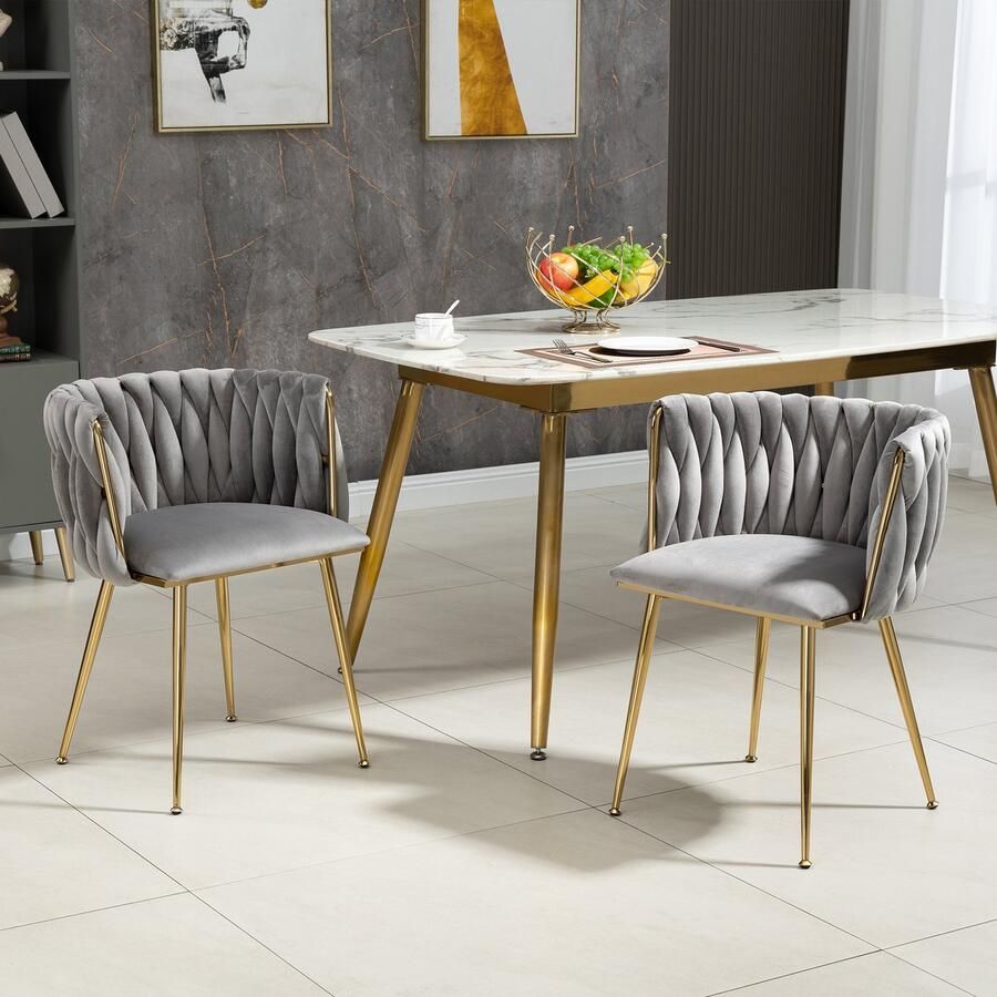 Re-purelife 2 Luxe Stoelen – Moderne Zachte Fluwelen Hoge Kwaliteit Volledige Rugondersteuning – Stevige Metalen Poten Draagvermogen 150 kg per Stoel – Elegant Multifunctioneel voor Eetkamer Woonkamer & Slaapkamer – Grijs & Goud