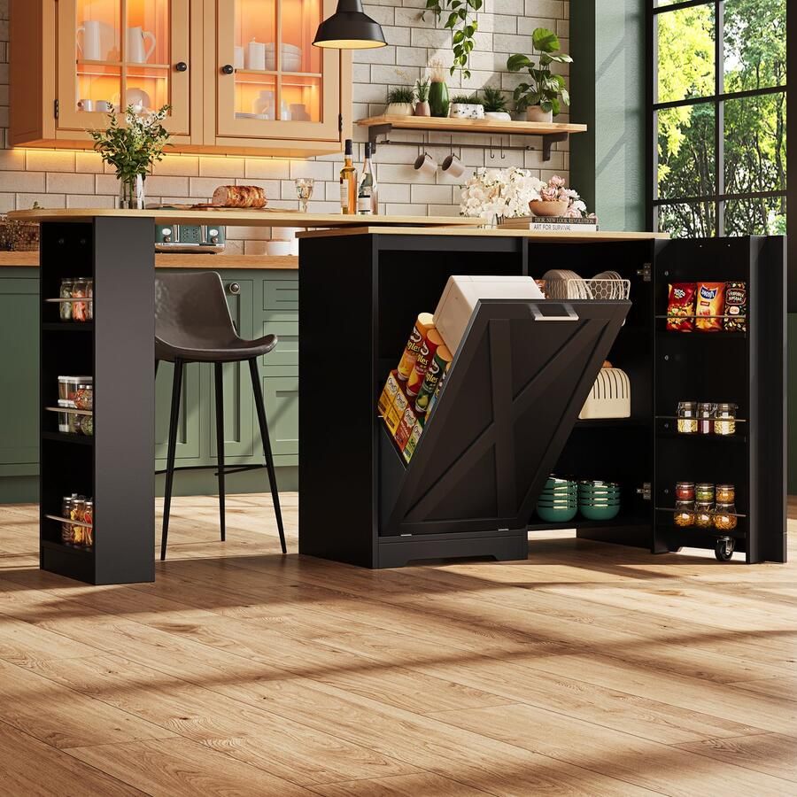 Re-purelife 360° Draaibare Bartafel & Eettafel Uitschuifbaar Multifunctionele Opbergkast met Verstelbare Planken Klapdeur Zwart Modern Design Krasvast Blad Voor Keuken Woonkamer Koffiehoek Thuiswerkplek Eetkamer 138-203×39×105 cm