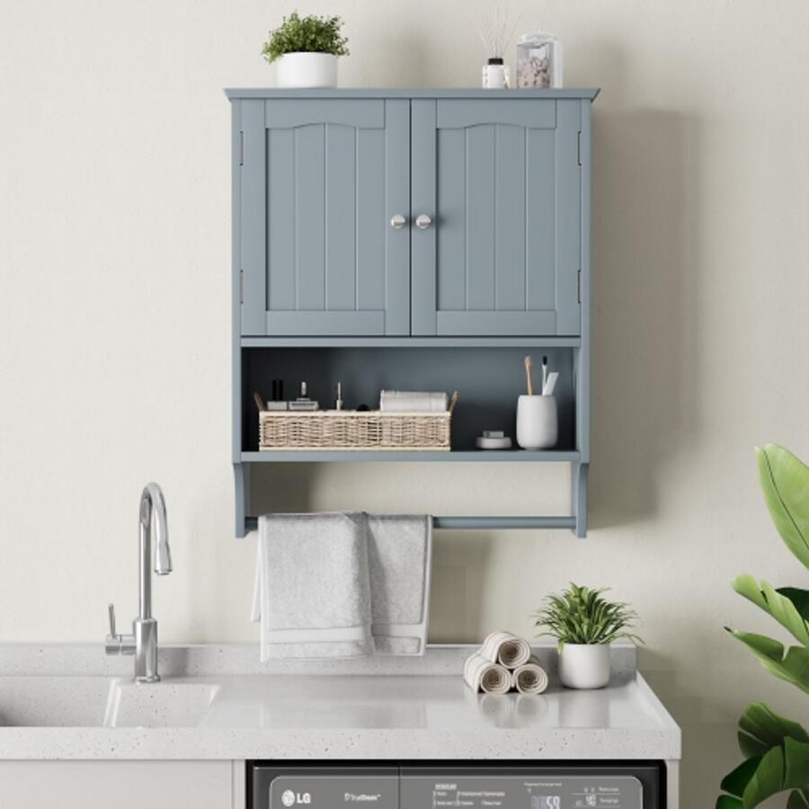 Re-purelife Badkamerkast Hangend met Handdoekrek – Wandkast met 2 Deuren en Open Schappen – Lichtgrijs – Waterdicht Verstelbaar Legplankje & Veel Opbergruimte – Medicijnkast Toiletkast of Keukenkast – 56 8×19×70 cm