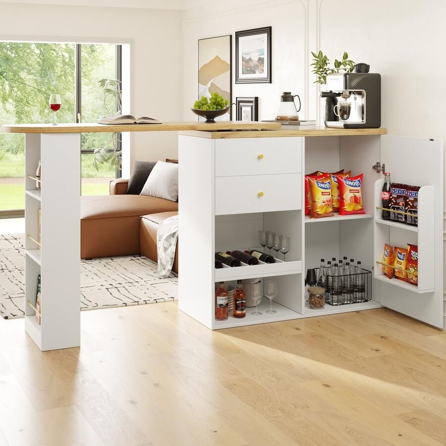 Re-purelife Draaibare Bartafel 360° – Modern Stevig & van Hoge Kwaliteit – 2 Lades & Open Planken – Koffiehoek Keukenkast Thuiswerkplek Eetkamer – Wit – 105×39×102 cm