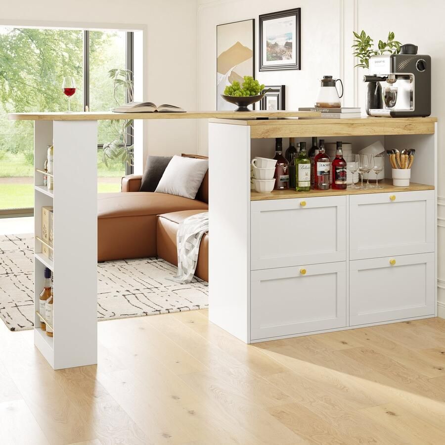 Re-purelife Draaibare Bartafel 360° – Modern Zeer Stevig & Hoge Kwaliteit – 4 Lades & Open Vakken – Koffiehoek Opbergkast Thuiswerkplek Eetkamer – Wit – 105×39×102 cm