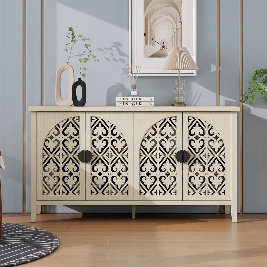 Re-purelife Dressoir 147 6x40x80cm – Natuurkleurige Opbergkast met 4 Deuren & Zeer Elegant Opengewerkt Houtsnijwerk – Mooie Kast met Verstelbare Planken – Voor Woonkamer Hal Keuken of Eetkamer