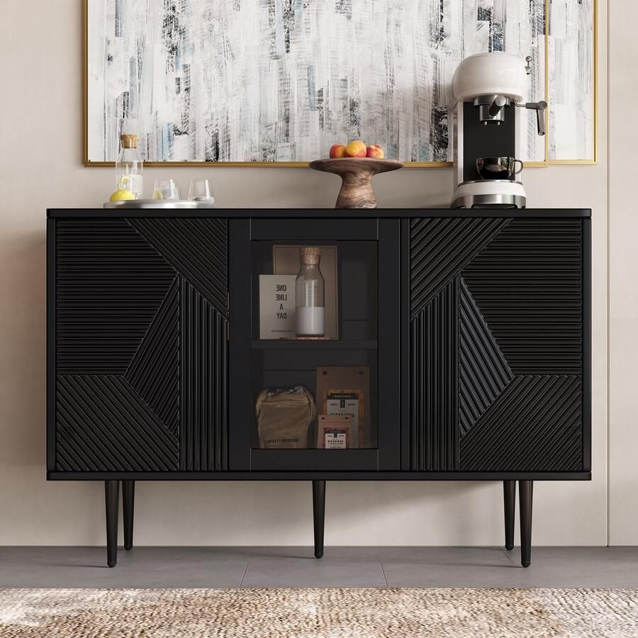 Re-purelife Dressoir Kast met 3 Deuren en Glazen Panelen – Met Metalen Poten – Opbergkast TV Meubel Sideboard – 120x38x79 5 cm – Modern en Stijlvol – Zwart
