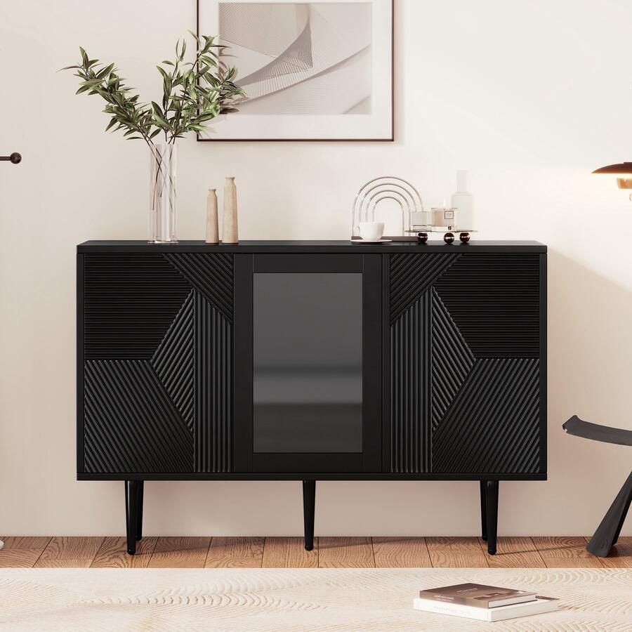 Re-purelife Dressoir Kast met 3 Deuren en Glazen Panelen – Met Metalen Poten – Opbergkast TV Meubel Sideboard – 120x38x79 5 cm – Modern en Stijlvol – Zwart