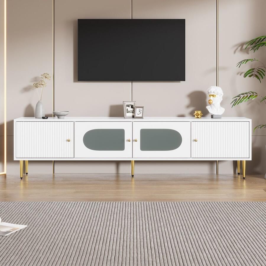 Re-purelife Elegante Witte TV-Meubel met Gouden Poten – 170x35x50 cm – Glazen Deuren – Kabelbeheer – Geruisloze Scharnieren – Stevig & Duurzaam – Moderne en Stijlvolle Aanwinst voor uw Woonkamer