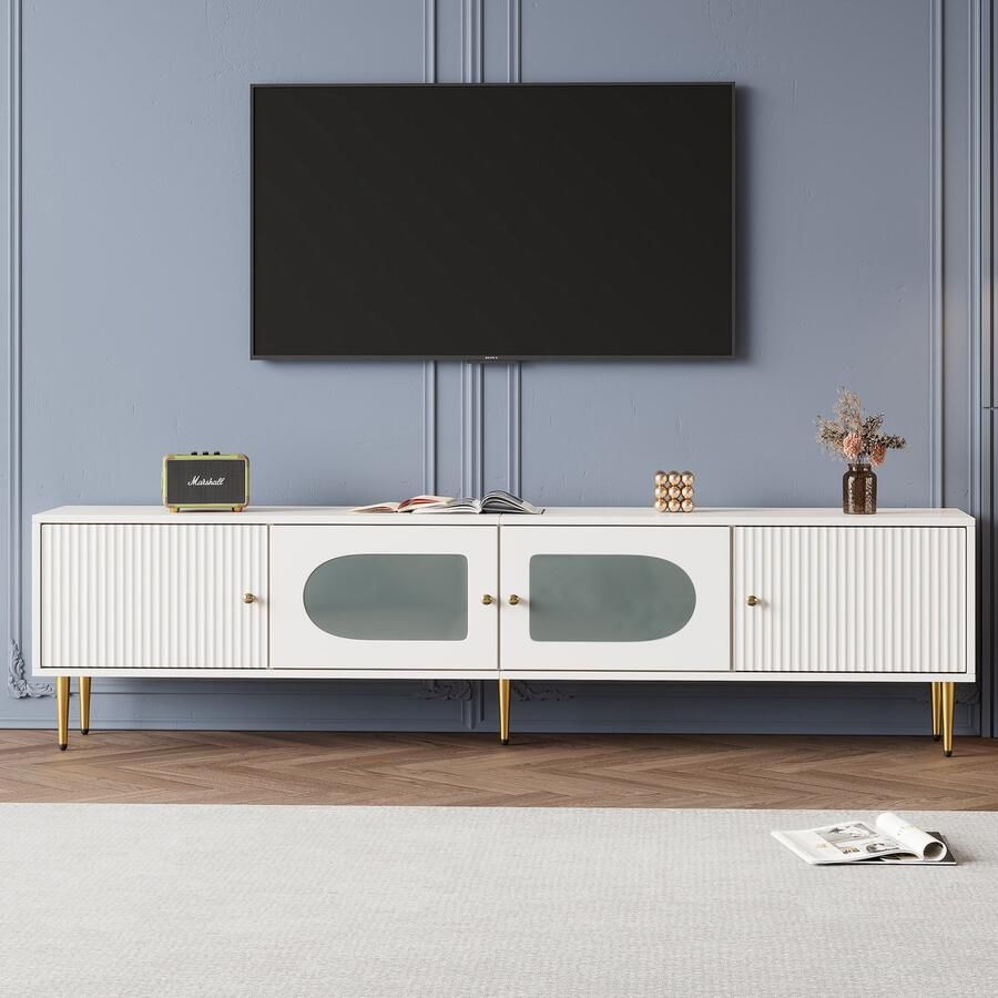 Pugsdrly Elegante 170*35*50 cm tv-kast – wit corpus met gouden poten en handgrepen 2 deuren met verticale groeven 2 deuren met gebogen glas draagvermogen 35 kg tv-kast tv-meubel tv-onderkast