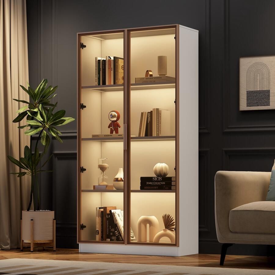 Re-purelife Glasvitrine met LED Verlichting 16 Kleuren – 80x40x160 cm – Vitrinekast met Verstelbare Planken Draaideuren Kabelopening – Voor Collecties Woonkamer Kantoor – Wit