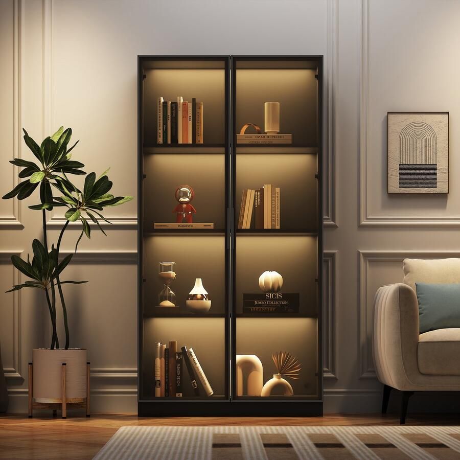 Re-purelife Glasvitrine met LED Verlichting 16 Kleuren – 80x40x160 cm – Vitrinekast met Verstelbare Planken Draaideuren Kabelopening – Voor Collecties Woonkamer Kantoor – Zwart