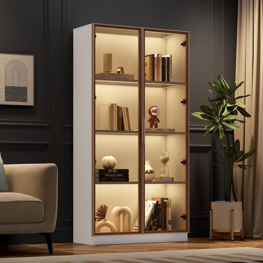 Re-purelife Glasvitrine met LED Verlichting 16 Kleuren – 80x40x160 cm – Vitrinekast met Verstelbare Planken Draaideuren Kabelopening – Voor Collecties Woonkamer Kantoor – Wit