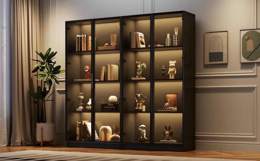 Re-purelife Glasvitrine met Slimme LED Verlichting 16 Kleuren – 160x40x160 cm – Vitrinekast met Verstelbare Planken Draaideuren Kabelopening – Modern & Stijlvol Voor Collecties Woonkamer Kantoor – Zwart