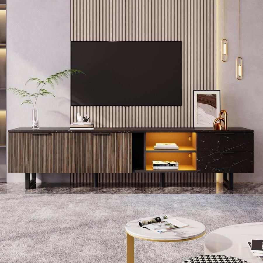Re-purelife Groot Modern TV Meubel 200x38x50 cm Zeer Stijlvol en Elegante TV Kast Zwart Marmer Met LED Verlichting Luxe Woonkamer Meubel met Veel Opbergruimte