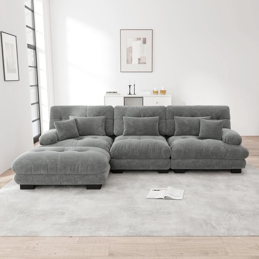 Re-Purelife Grote Hoekbank L-vormig 3-zits Extra Zacht Cloud Sofa met Hoge Kwaliteit Schuim Moderne Woonbank met Verplaatsbare Ottoman Luxe Chenille Stof Drukbestendig & Duurzaam 313x145x81 cm Grijs